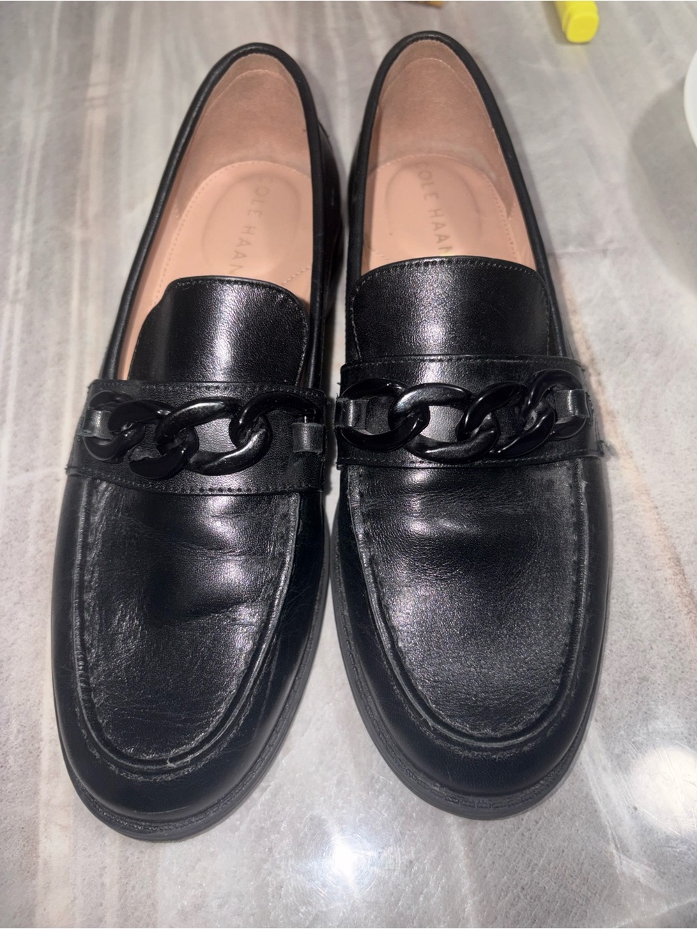 Cole Haan Black Leather Chain-Trim Loafers